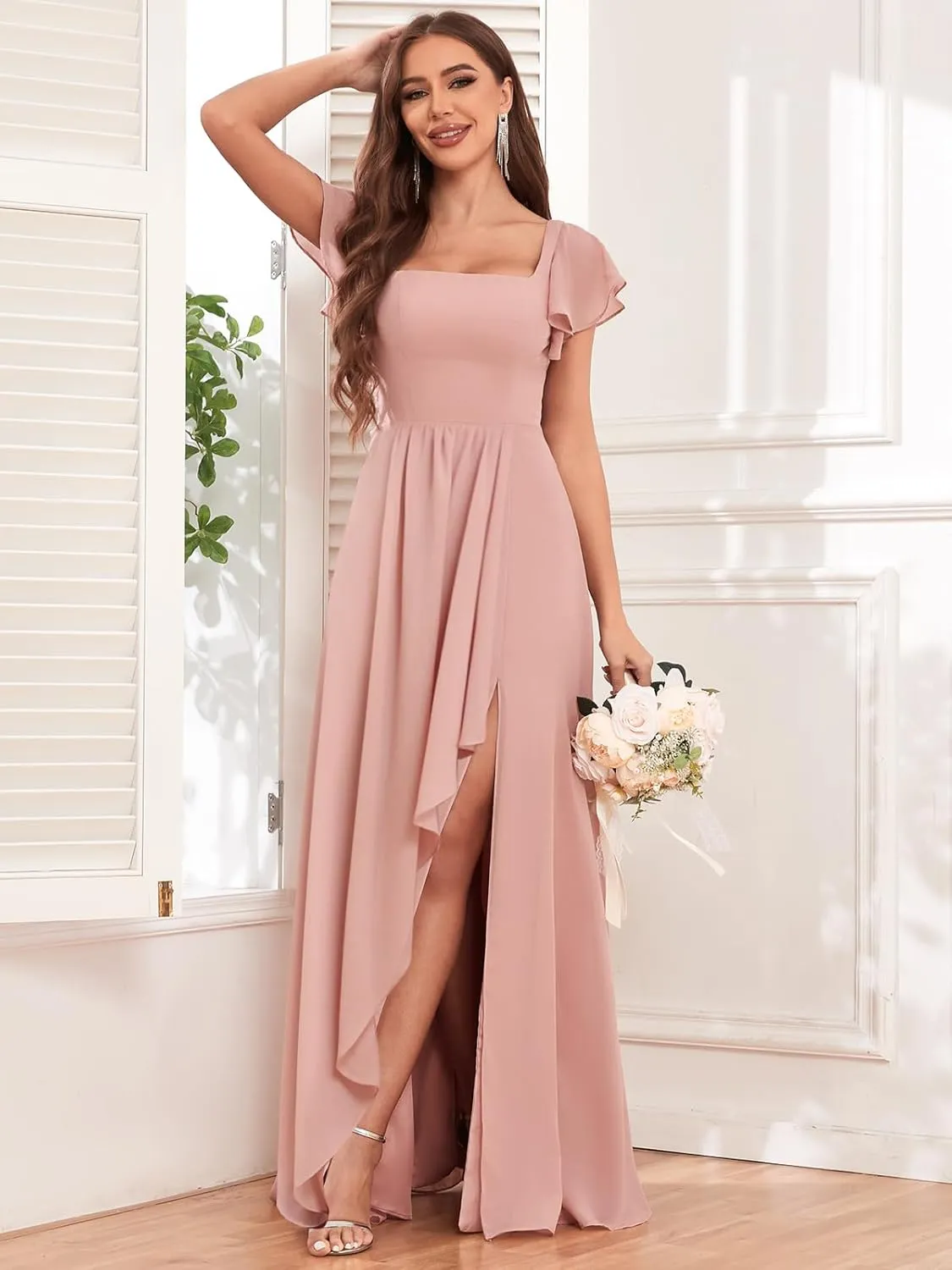 Chiffon Bridesmaid Dresses with Slit Ruffle Sleeve Square Neck A Line Formal Evening Dress for Wedding