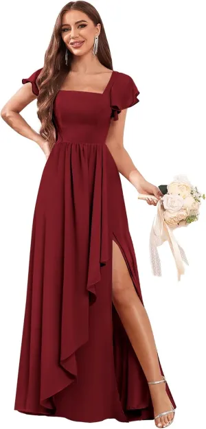 Chiffon Bridesmaid Dresses with Slit Ruffle Sleeve Square Neck A Line Formal Evening Dress for Wedding
