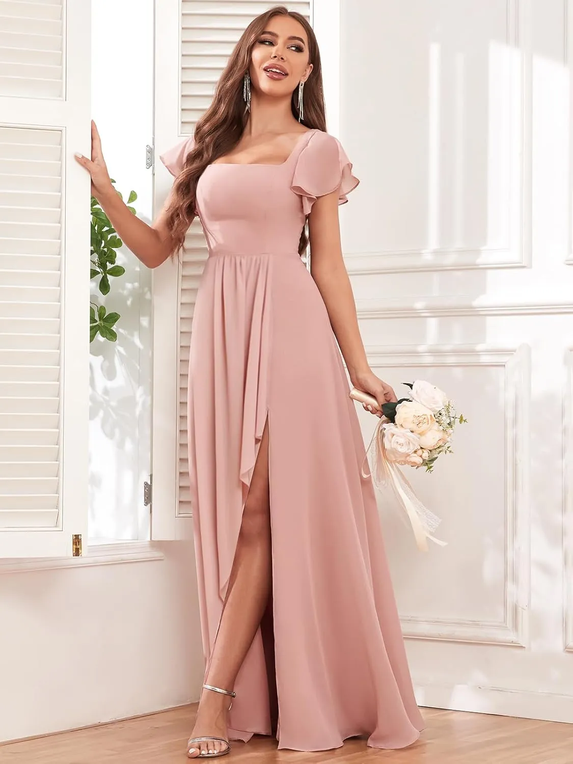 Chiffon Bridesmaid Dresses with Slit Ruffle Sleeve Square Neck A Line Formal Evening Dress for Wedding