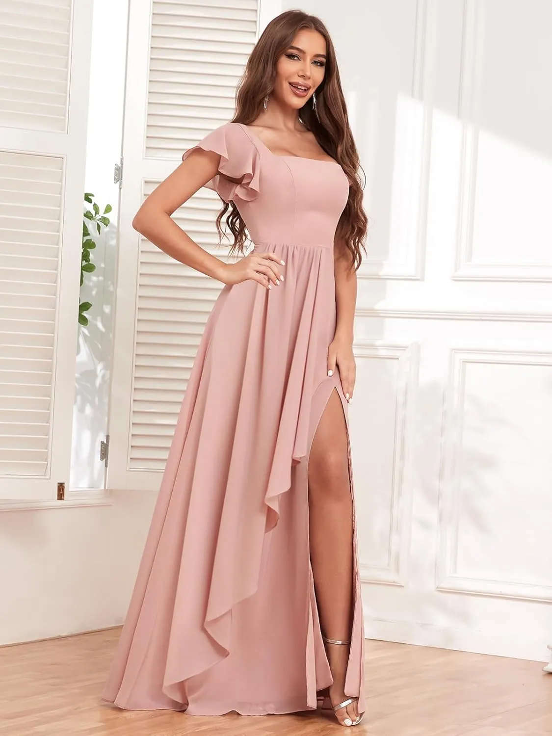 Chiffon Bridesmaid Dresses with Slit Ruffle Sleeve Square Neck A Line Formal Evening Dress for Wedding