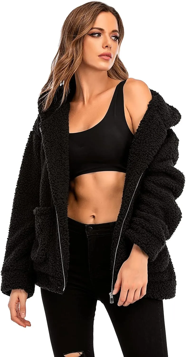 Comeon Womens Casual Coat Lapel Fleece Fuzzy Faux Shearling Zipper Hooded Warm Winter Oversized Jackets
