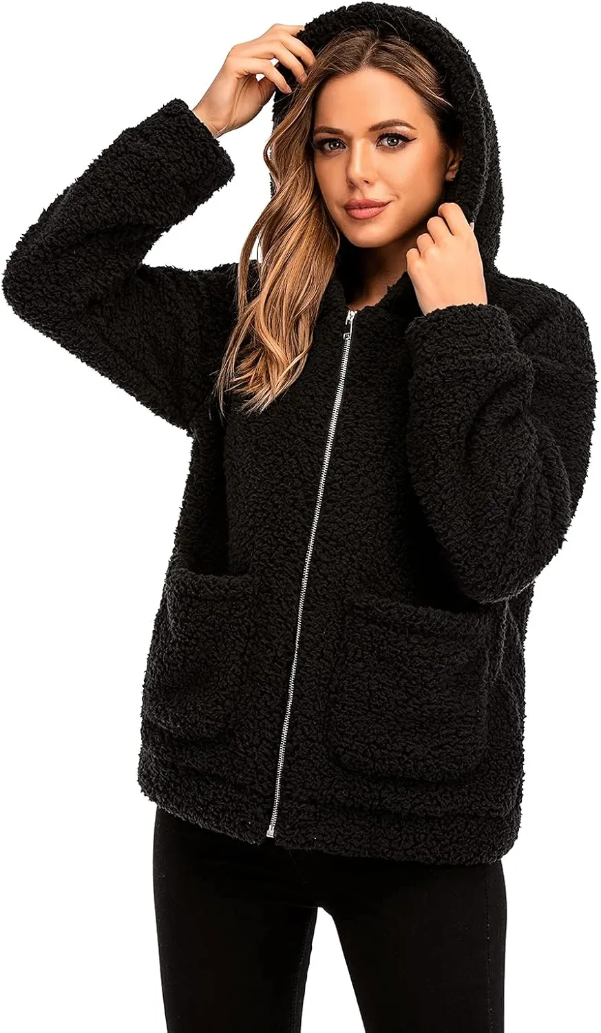 Comeon Womens Casual Coat Lapel Fleece Fuzzy Faux Shearling Zipper Hooded Warm Winter Oversized Jackets