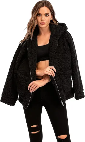 Comeon Womens Casual Coat Lapel Fleece Fuzzy Faux Shearling Zipper Hooded Warm Winter Oversized Jackets