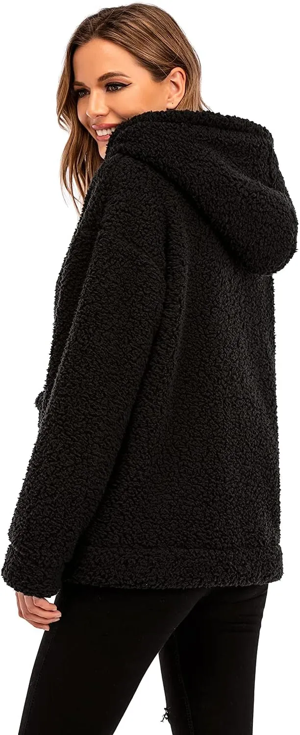 Comeon Womens Casual Coat Lapel Fleece Fuzzy Faux Shearling Zipper Hooded Warm Winter Oversized Jackets