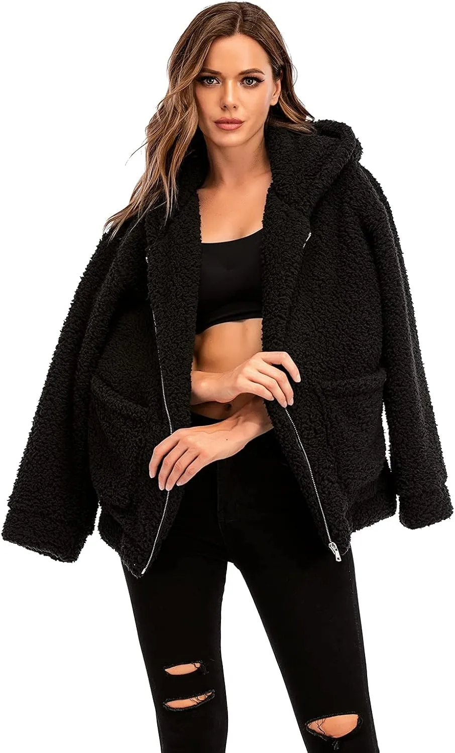 Comeon Womens Casual Coat Lapel Fleece Fuzzy Faux Shearling Zipper Hooded Warm Winter Oversized Jackets