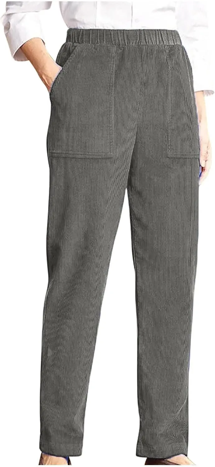 Corduroy Pants for Women 2024 Pull On Straight Leg Slacks Elastic High Waist Trousers Soft Comfy Casual Pants