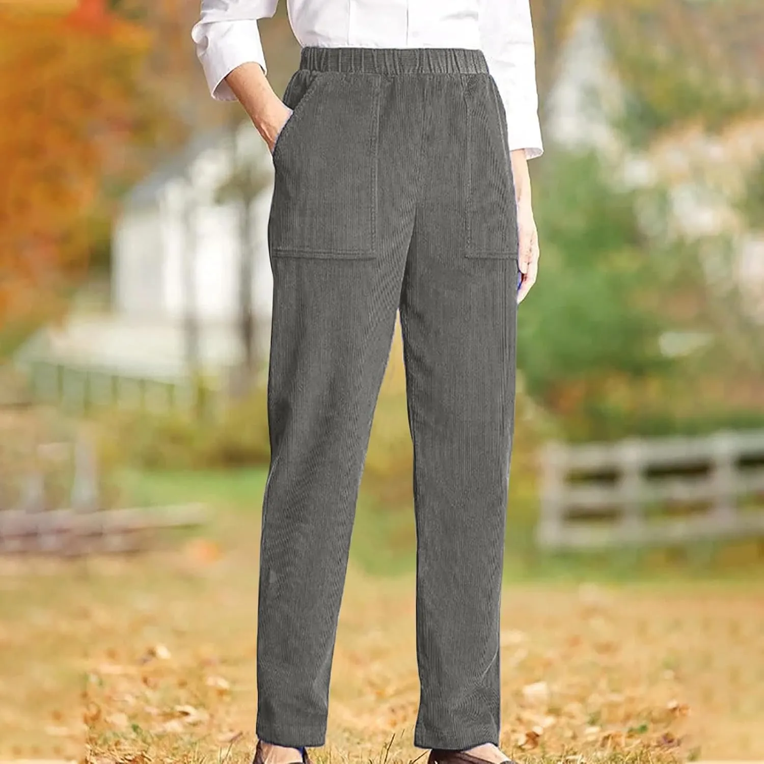 Corduroy Pants for Women 2024 Pull On Straight Leg Slacks Elastic High Waist Trousers Soft Comfy Casual Pants