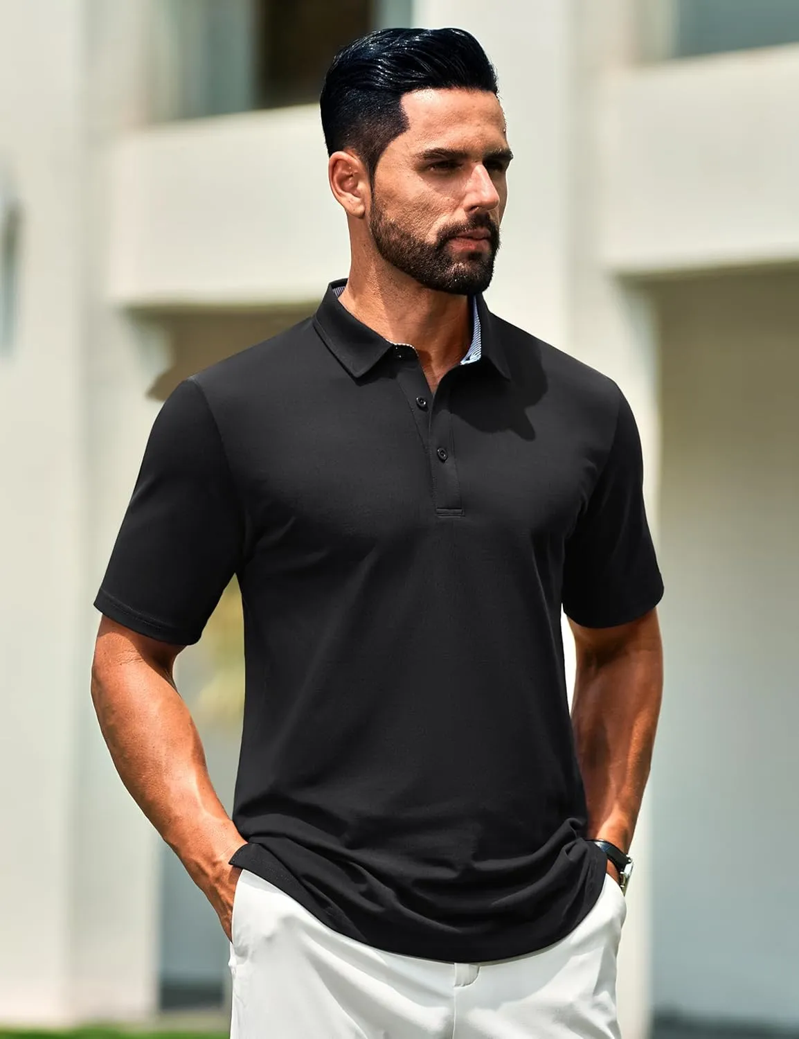 Cotrasen Men's Polo Shirts Short Sleeve Cotton Pique 3 Buttons Golf Shirts Classic Fit Casual Performance T-Shirt