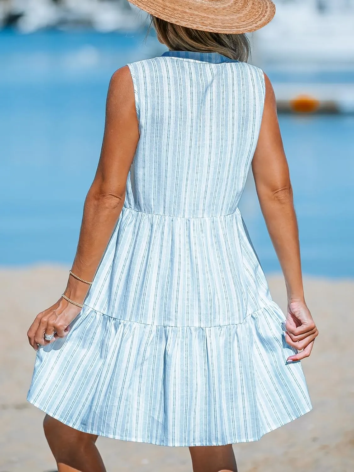 CUPSHE Women's Ruffle Beach Mini Dress Split V Neck A Line Sleeveless Geometric Stripe Tropical Leaf Pattern Summer Dresses