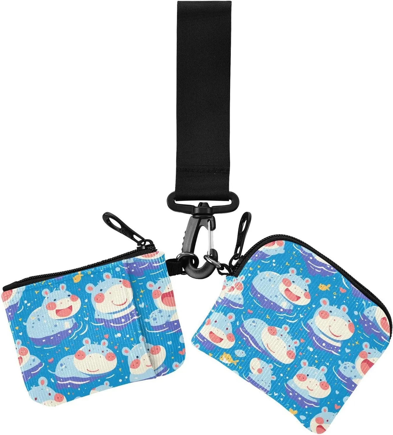 Cute Cartoon Blue Hippo Dual Coin Purse Credit Card Holder Wallet Thin Flat Change Purse Wallet with Wristlet Strap for Work Travel 2 Packs