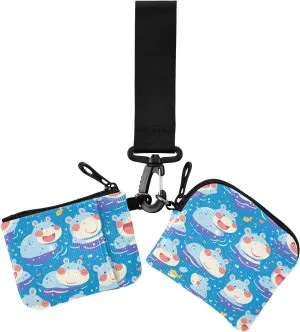 Cute Cartoon Blue Hippo Dual Coin Purse Credit Card Holder Wallet Thin Flat Change Purse Wallet with Wristlet Strap for Work Travel 2 Packs