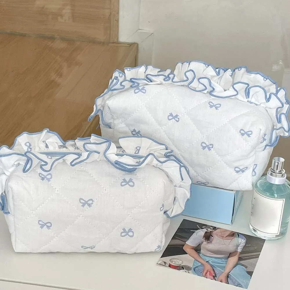 Cute Cosmetic Bag, Quilted Bow Makeup Bag Set, Travel Organizer Bag, Cotton Aesthetic Makeup Pouch for Women Girls (Blue/S)