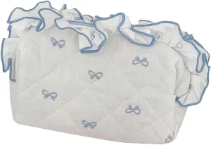 Cute Cosmetic Bag, Quilted Bow Makeup Bag Set, Travel Organizer Bag, Cotton Aesthetic Makeup Pouch for Women Girls (Blue/S)
