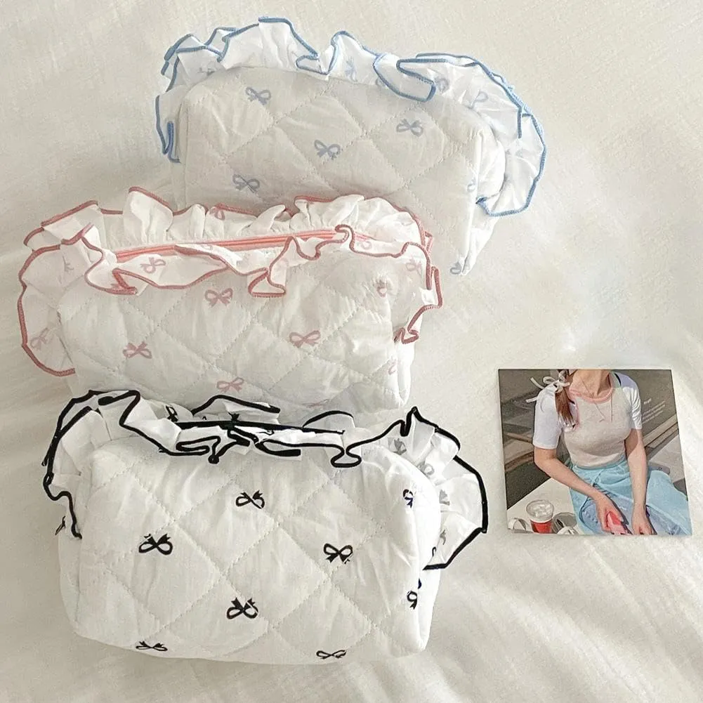 Cute Cosmetic Bag, Quilted Bow Makeup Bag Set, Travel Organizer Bag, Cotton Aesthetic Makeup Pouch for Women Girls (Blue/S)