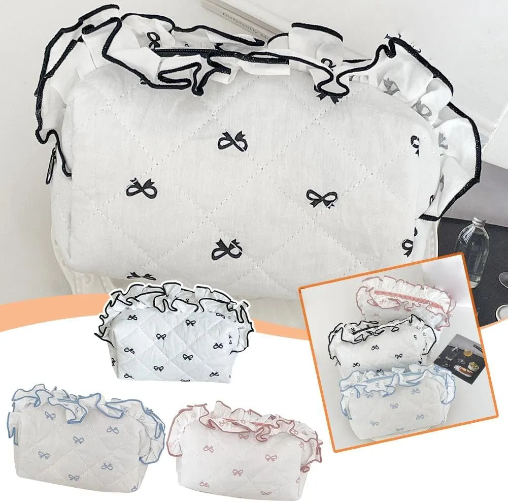 Cute Cosmetic Bag, Quilted Bow Makeup Bag Set, Travel Organizer Bag, Cotton Aesthetic Makeup Pouch for Women Girls (Blue/S)