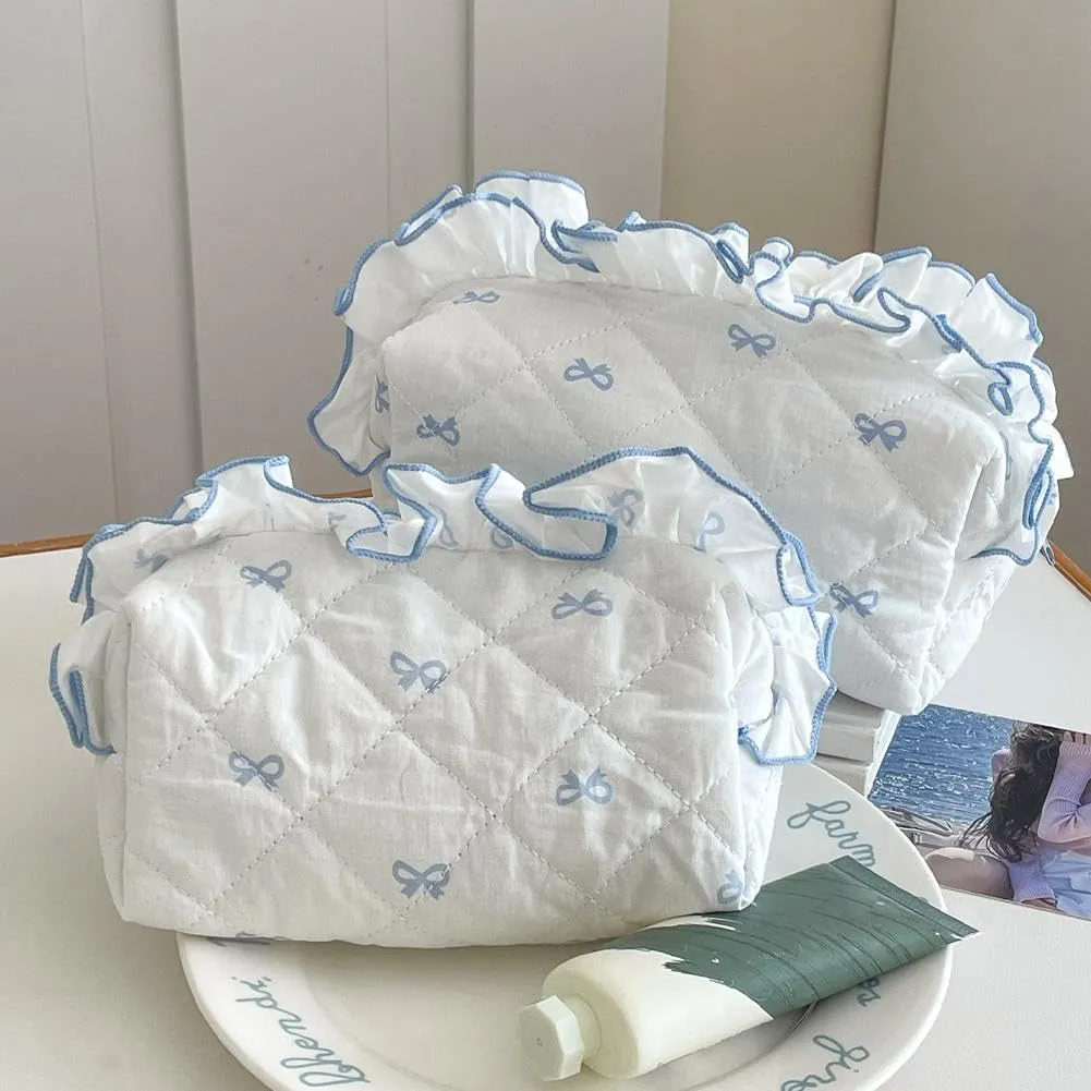 Cute Cosmetic Bag, Quilted Bow Makeup Bag Set, Travel Organizer Bag, Cotton Aesthetic Makeup Pouch for Women Girls (Blue/S)