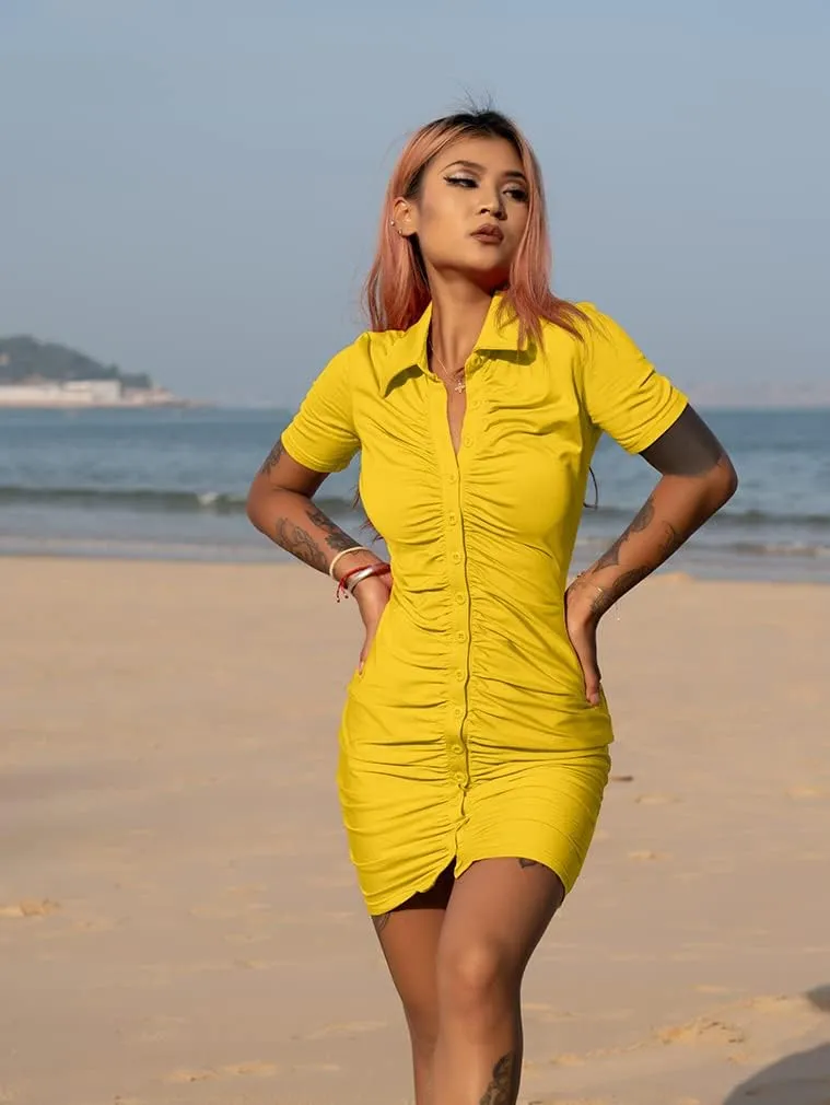 DAAWENXI Women's Sexy V Neck Ruched Button Down Clubwear Night Out Mini Club Dress
