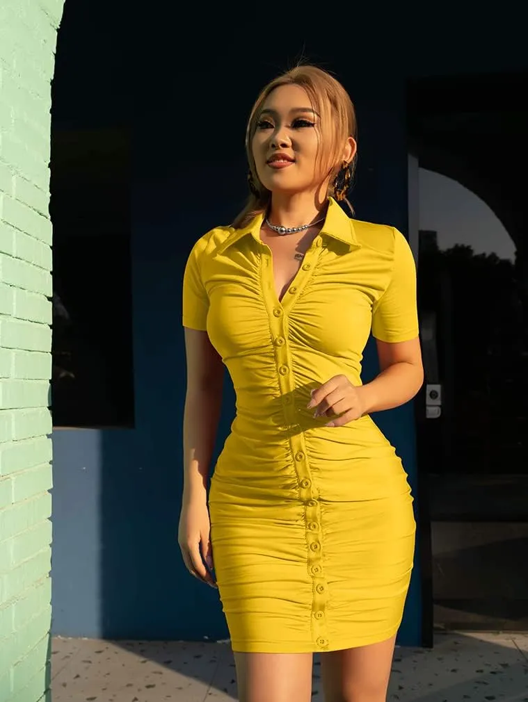 DAAWENXI Women's Sexy V Neck Ruched Button Down Clubwear Night Out Mini Club Dress