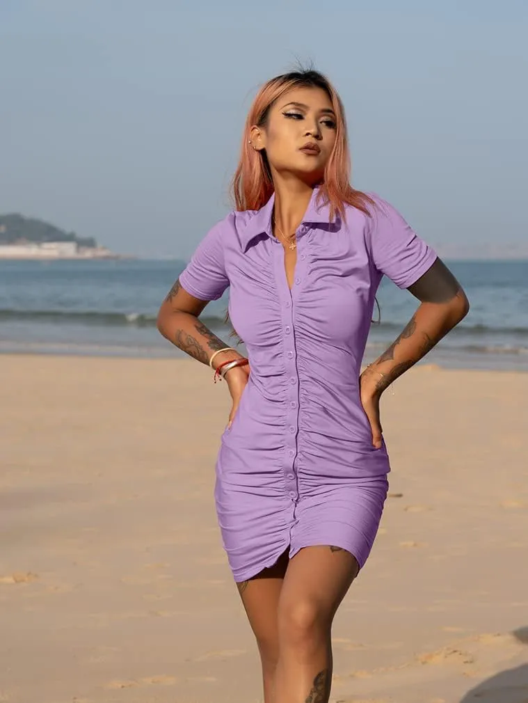 DAAWENXI Women's Sexy V Neck Ruched Button Down Clubwear Night Out Mini Club Dress