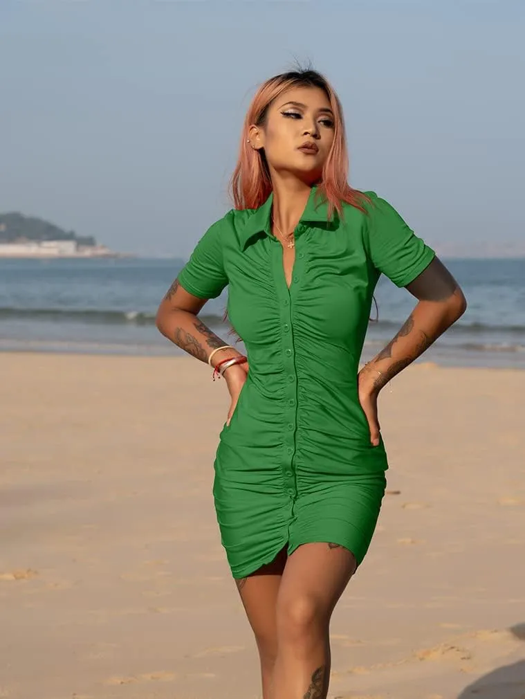 DAAWENXI Women's Sexy V Neck Ruched Button Down Clubwear Night Out Mini Club Dress