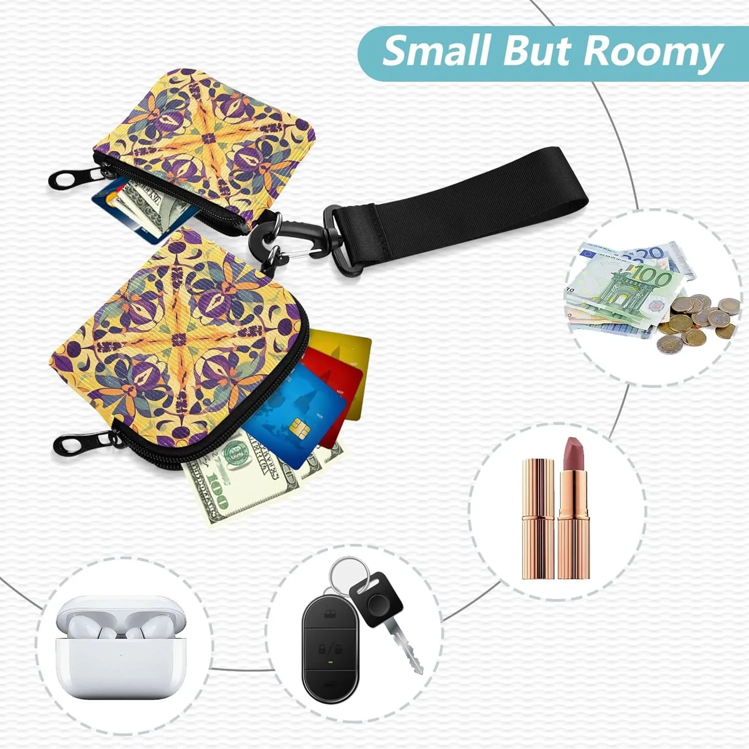 Decorative Painting Women's Coin Purses Card Cases Slim Portable Wristlet Wallet Key Holder with Zipper Pocket for Ladies Girls 2 Packs