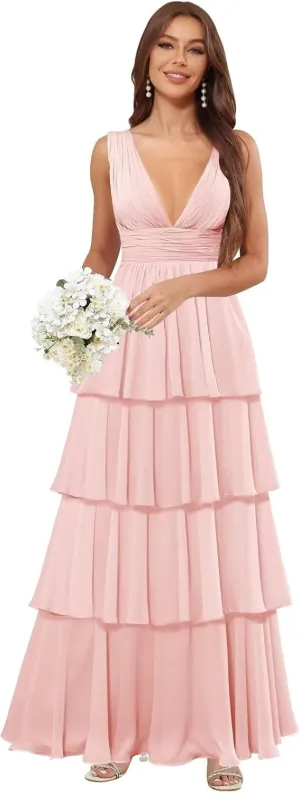 Deep V Neck Prom Dresses for Women Chiffon Tiered Bridesmaid Formal Evening Dress