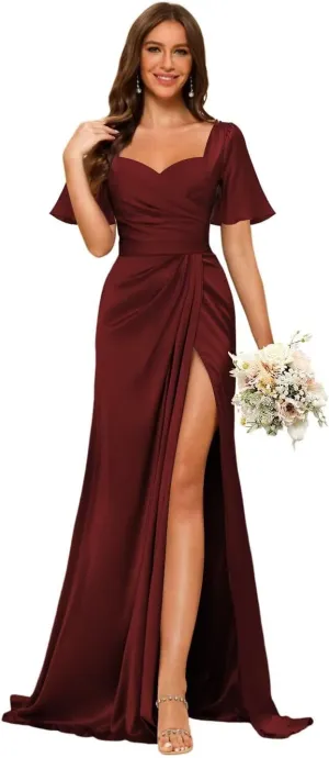 Dessiny Short Sleeves Satin Bridesmaid Dresses for Women with Slit V Neck Pleated Maxi Formal Dress DE232