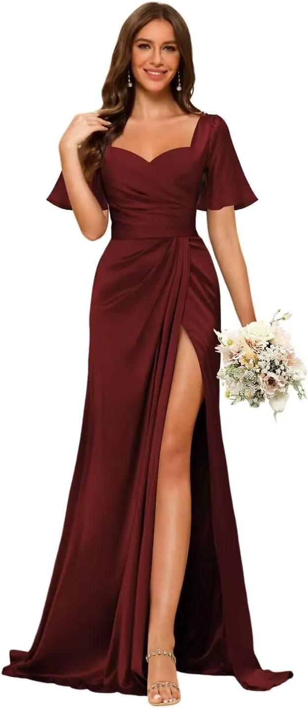 Dessiny Short Sleeves Satin Bridesmaid Dresses for Women with Slit V Neck Pleated Maxi Formal Dress DE232