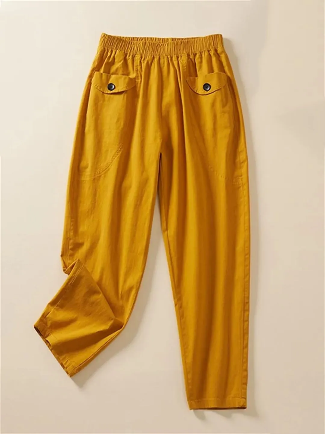 Disimlarl Women Cotton Linen Casual Pants High Waist Ankle-Length Pants Solid Elastic Waist Harem Pants