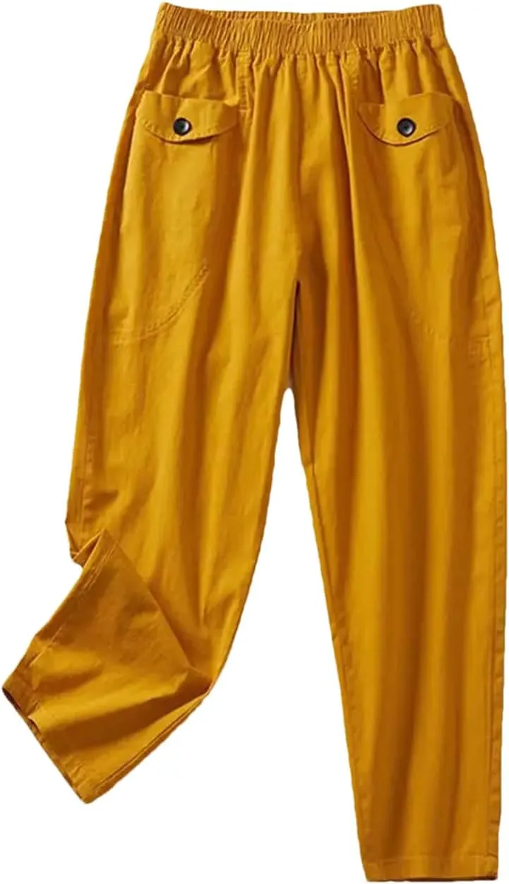 Disimlarl Women Cotton Linen Casual Pants High Waist Ankle-Length Pants Solid Elastic Waist Harem Pants