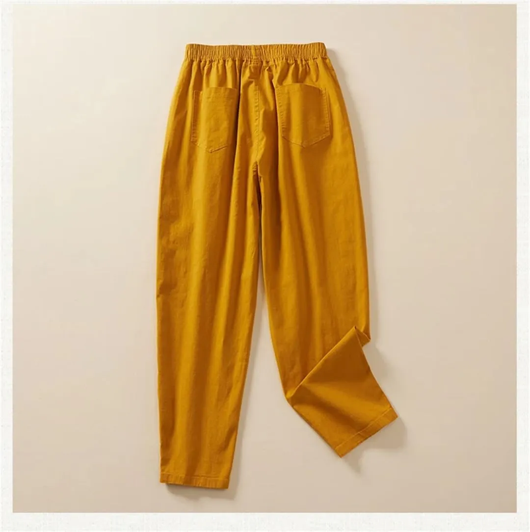 Disimlarl Women Cotton Linen Casual Pants High Waist Ankle-Length Pants Solid Elastic Waist Harem Pants