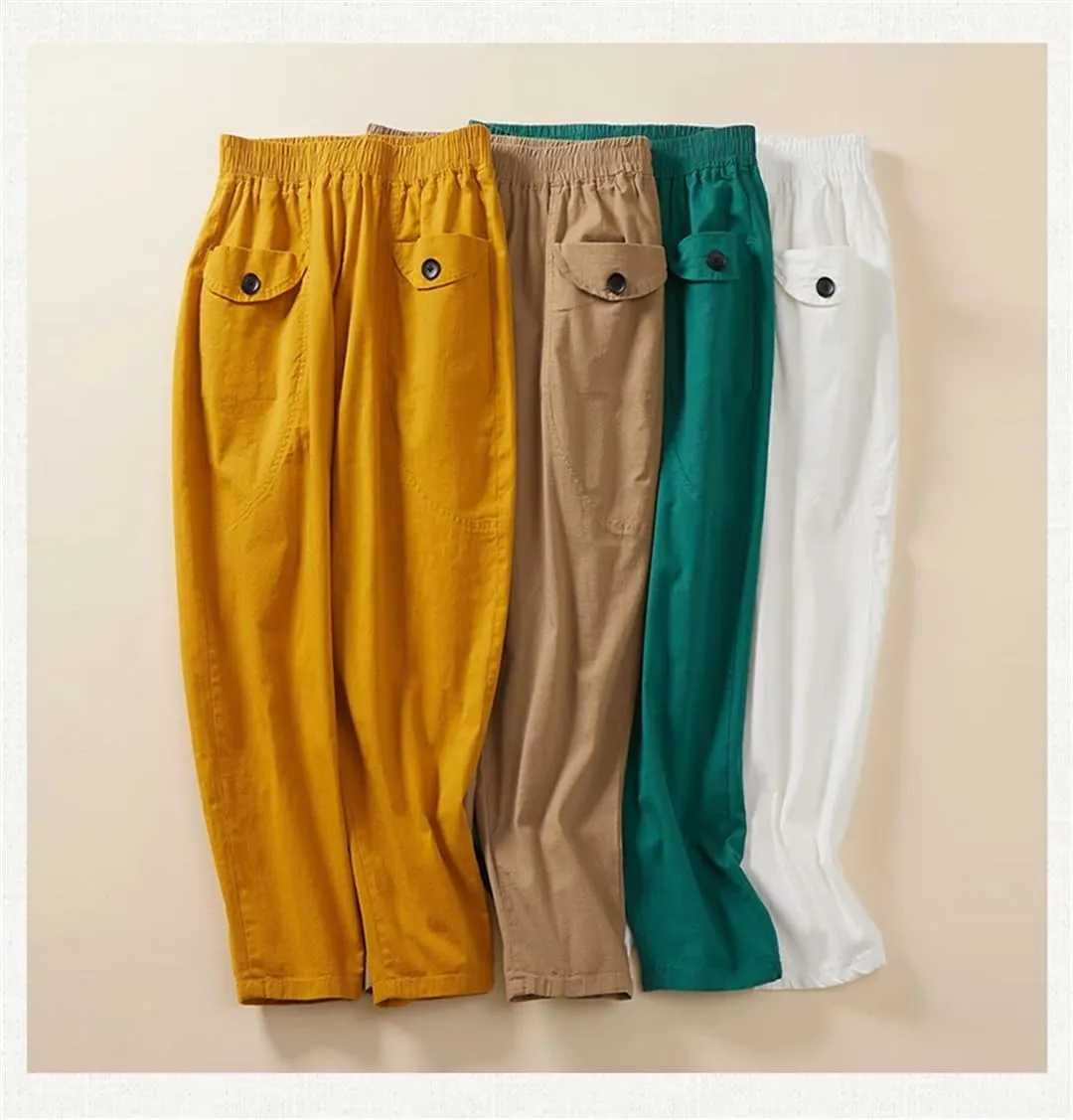 Disimlarl Women Cotton Linen Casual Pants High Waist Ankle-Length Pants Solid Elastic Waist Harem Pants