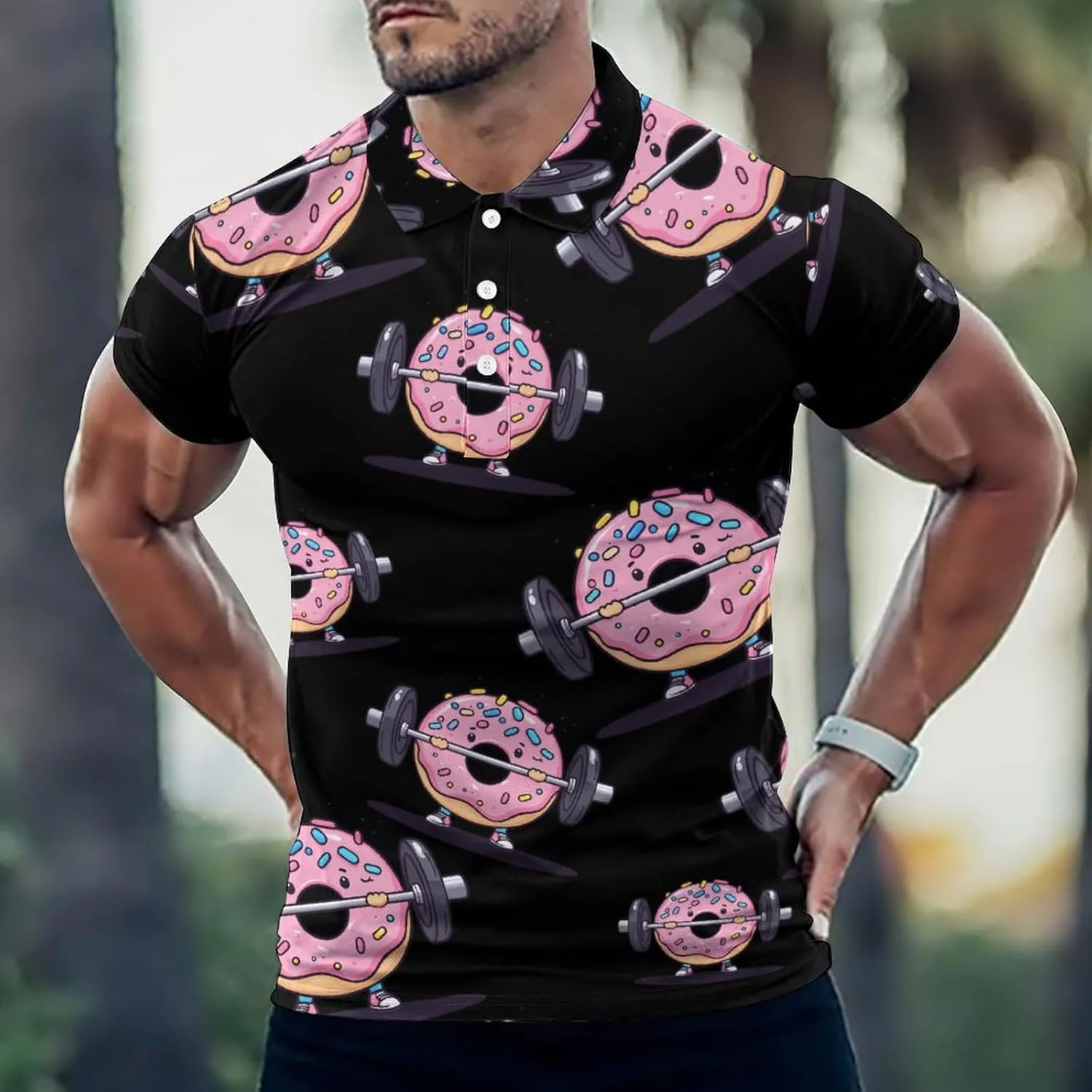 Donut Weightlifting Strength Training Mens Polo Shirts Quick Dry Short Sleeve T-shirts Slim Tennis Collared Tees Tops