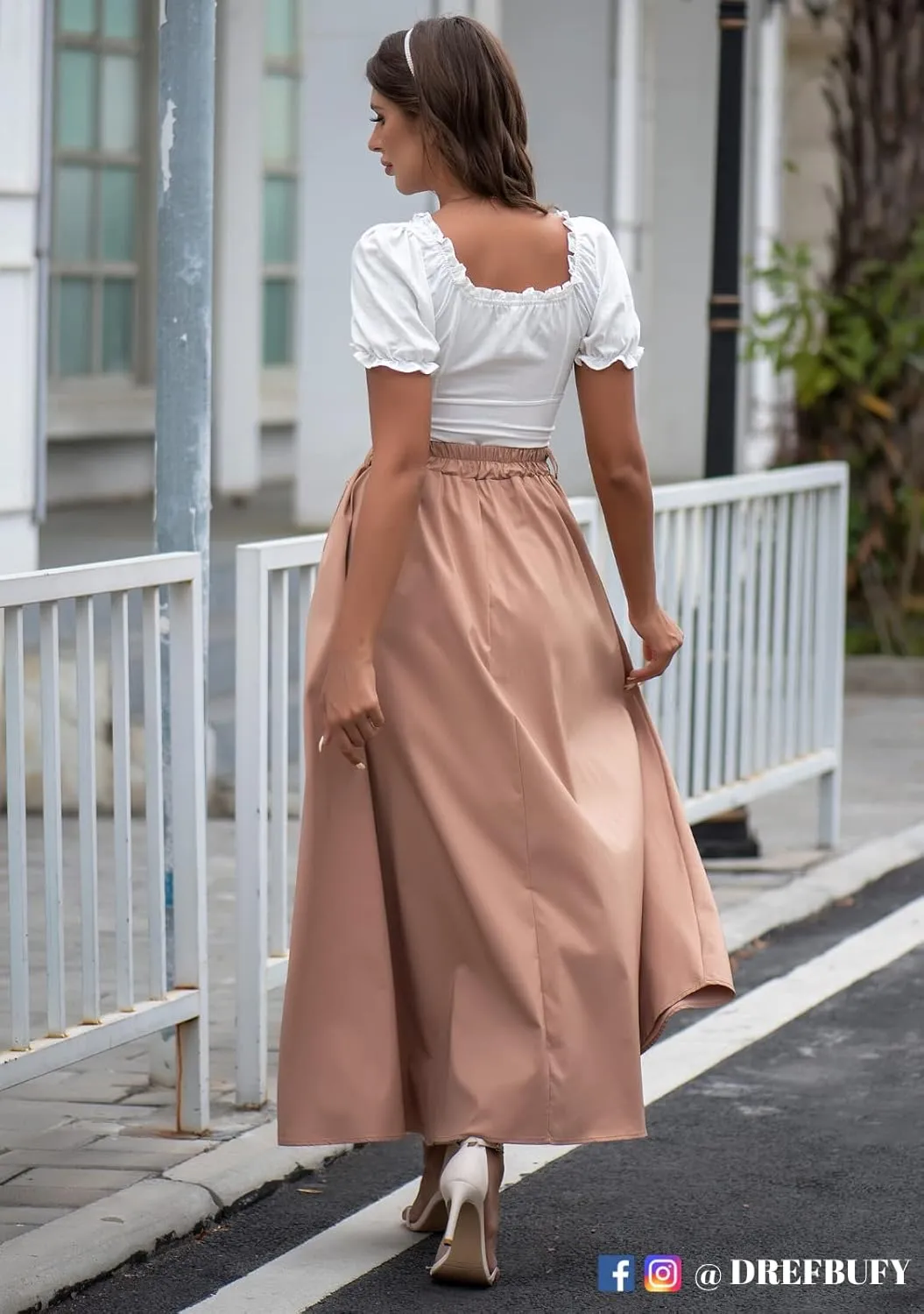 DREFBUFY Women's Maxi Skirt High Waist Elegant Pleated Flowy Slit Skirts with Pockets
