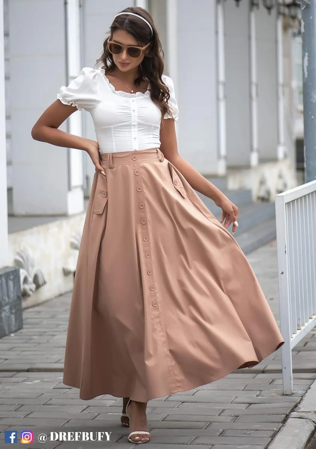 DREFBUFY Women's Maxi Skirt High Waist Elegant Pleated Flowy Slit Skirts with Pockets