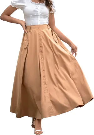 DREFBUFY Women's Maxi Skirt High Waist Elegant Pleated Flowy Slit Skirts with Pockets