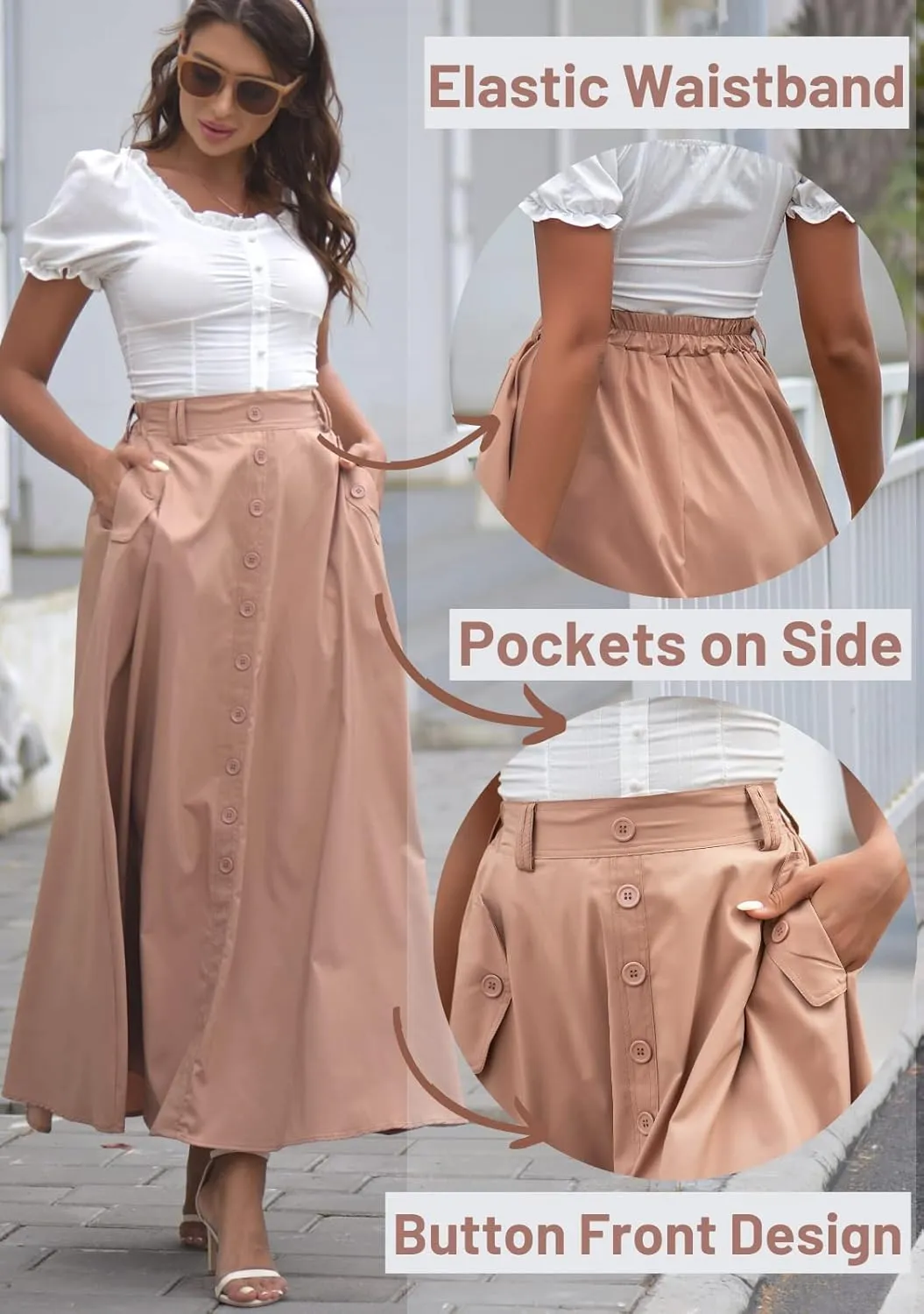 DREFBUFY Women's Maxi Skirt High Waist Elegant Pleated Flowy Slit Skirts with Pockets