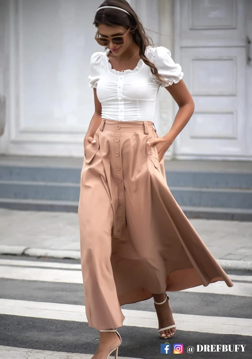 DREFBUFY Women's Maxi Skirt High Waist Elegant Pleated Flowy Slit Skirts with Pockets