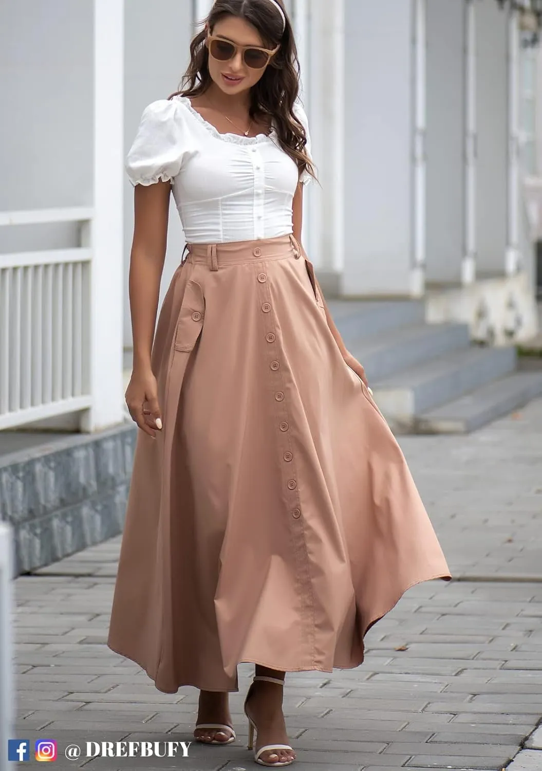 DREFBUFY Women's Maxi Skirt High Waist Elegant Pleated Flowy Slit Skirts with Pockets