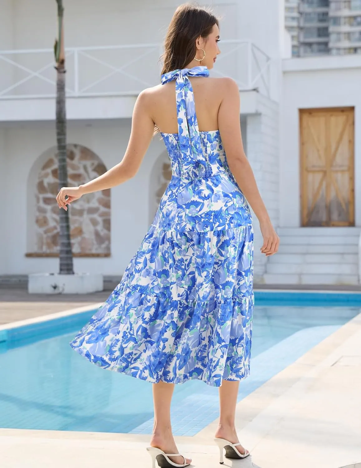 DRESSTELLS Women's Summer Floral Dresses Maxi Boho Casual Halter Neck Spring Vintage Flowy Beach Long Sundress