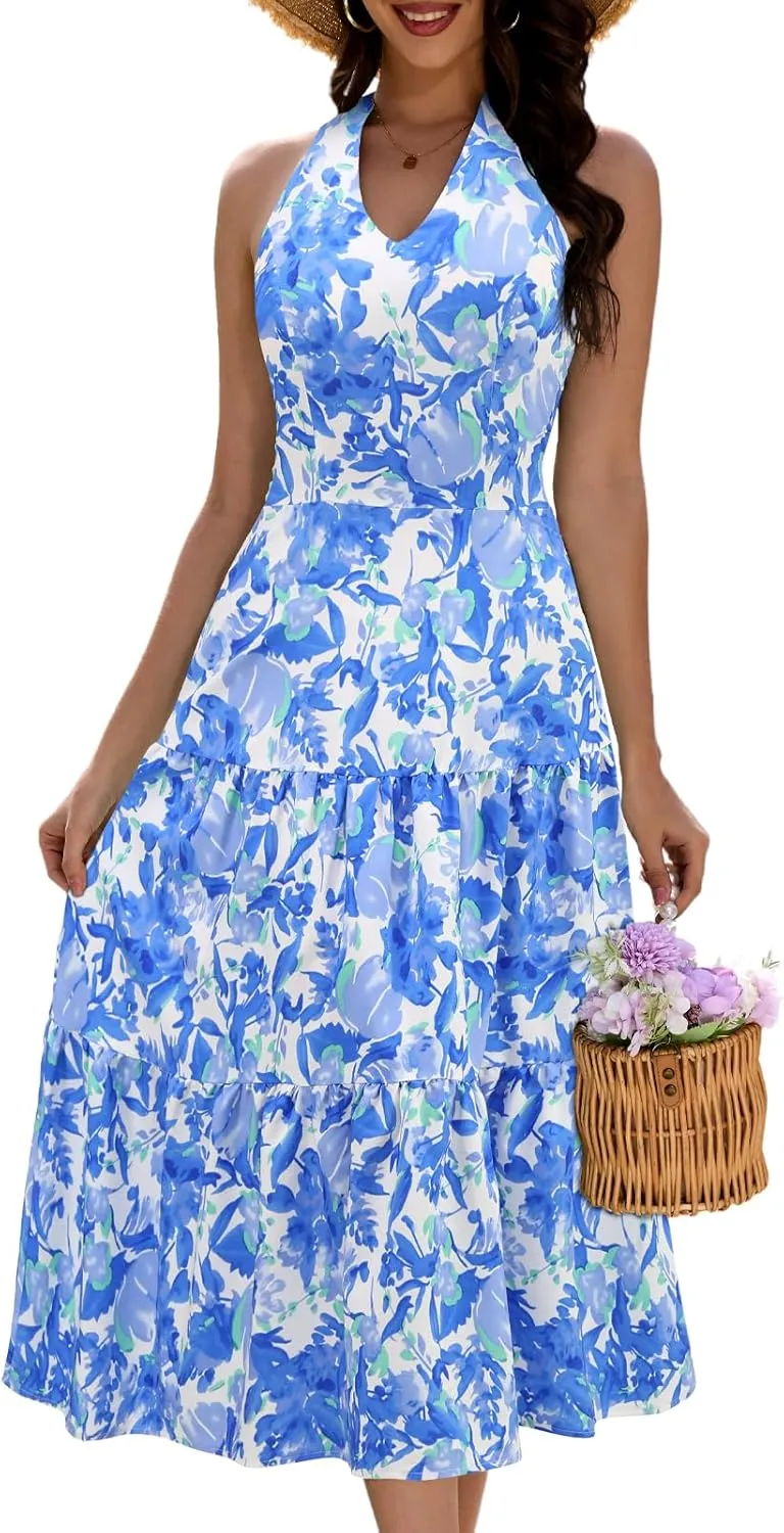 DRESSTELLS Women's Summer Floral Dresses Maxi Boho Casual Halter Neck Spring Vintage Flowy Beach Long Sundress
