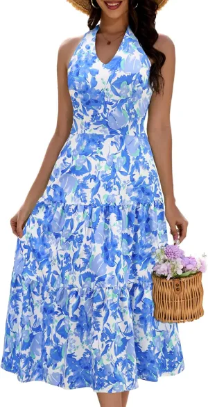 DRESSTELLS Women's Summer Floral Dresses Maxi Boho Casual Halter Neck Spring Vintage Flowy Beach Long Sundress