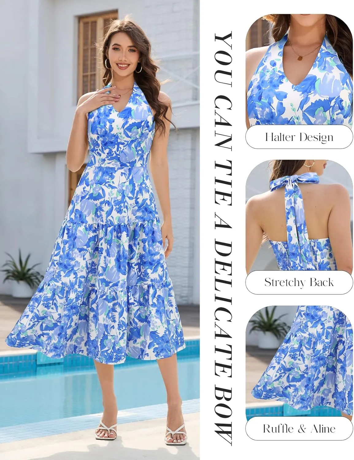 DRESSTELLS Women's Summer Floral Dresses Maxi Boho Casual Halter Neck Spring Vintage Flowy Beach Long Sundress