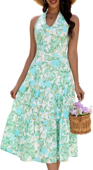 DRESSTELLS Women's Summer Floral Dresses Maxi Boho Casual Halter Neck Spring Vintage Flowy Beach Long Sundress