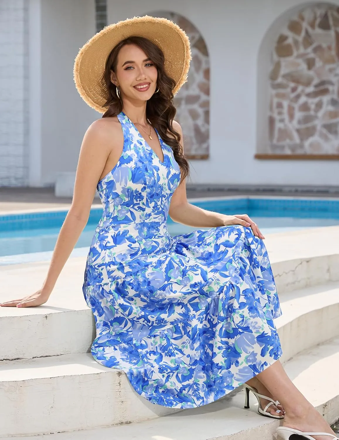 DRESSTELLS Women's Summer Floral Dresses Maxi Boho Casual Halter Neck Spring Vintage Flowy Beach Long Sundress