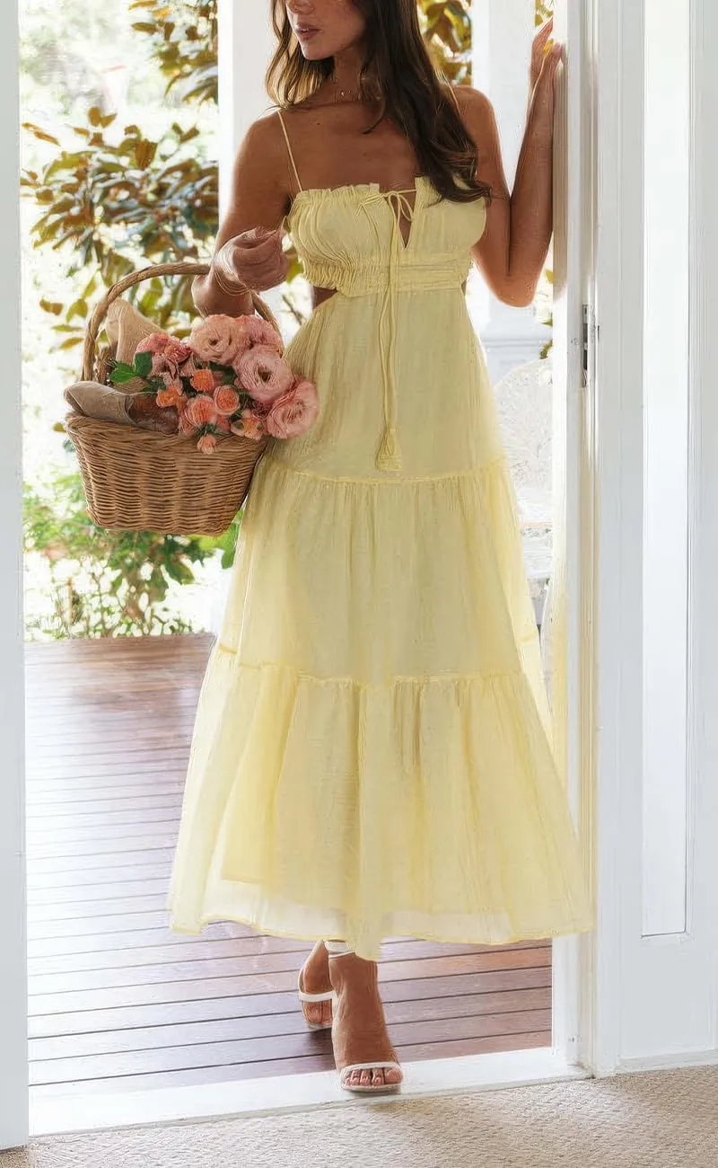 ebossy Women's Cut Out Ruffled Long Boho Dress Sexy Spaghetti Straps Open Back Flowy Sundress