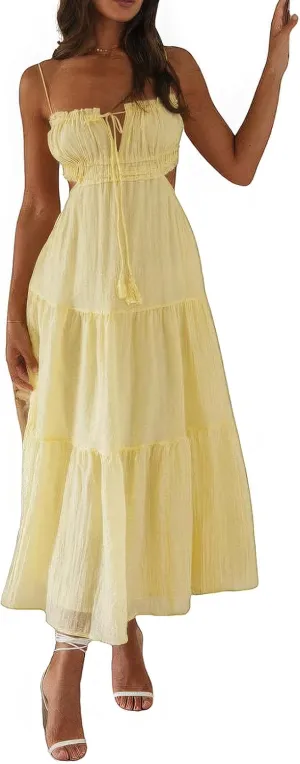ebossy Women's Cut Out Ruffled Long Boho Dress Sexy Spaghetti Straps Open Back Flowy Sundress