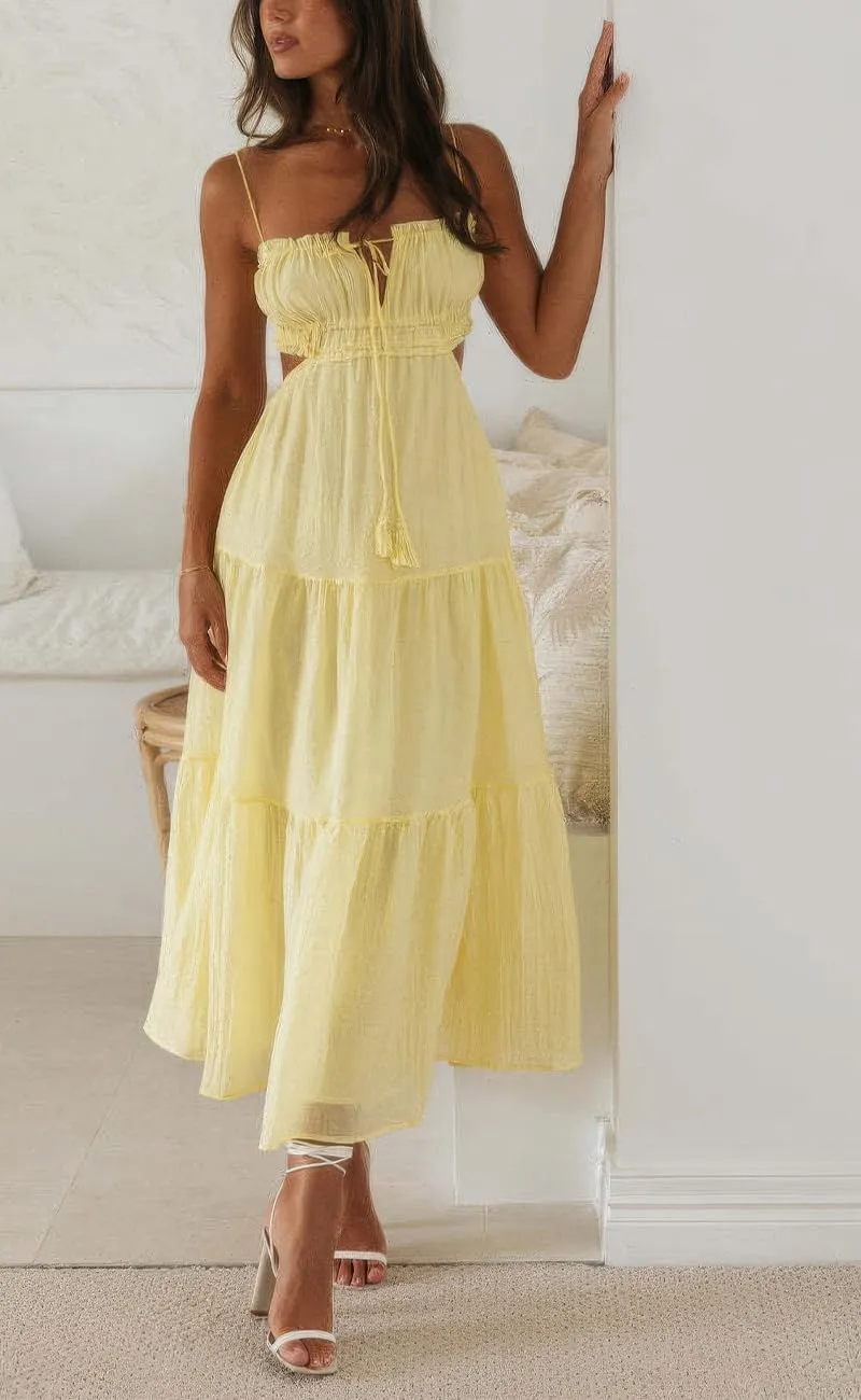 ebossy Women's Cut Out Ruffled Long Boho Dress Sexy Spaghetti Straps Open Back Flowy Sundress
