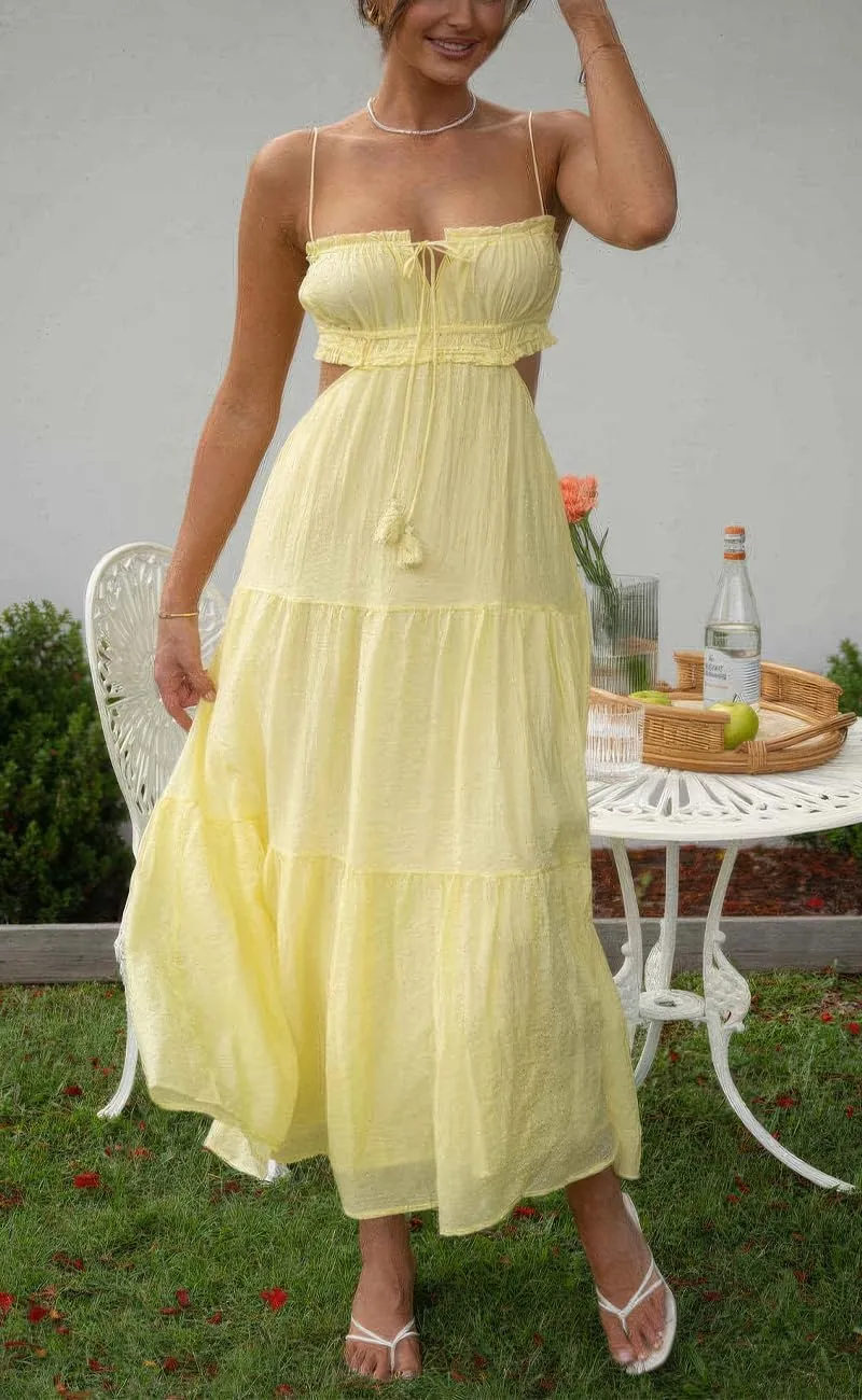 ebossy Women's Cut Out Ruffled Long Boho Dress Sexy Spaghetti Straps Open Back Flowy Sundress