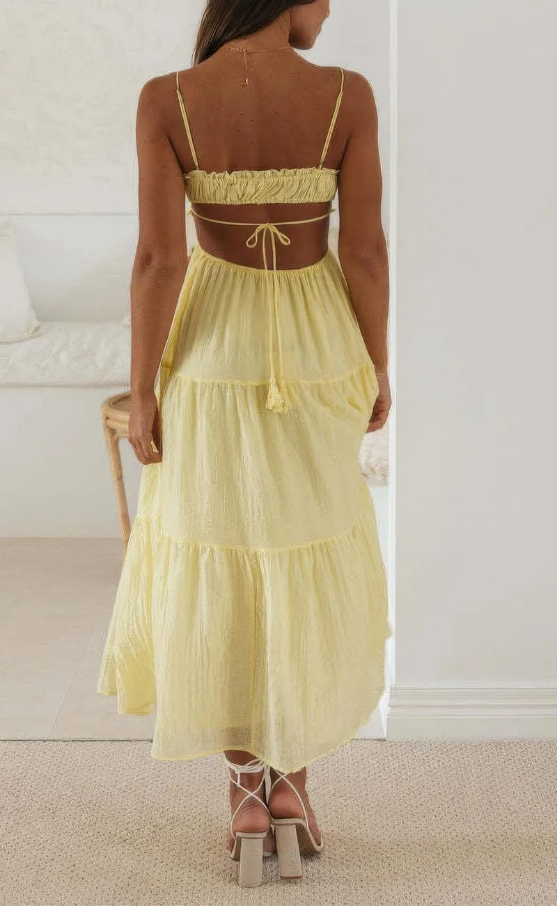 ebossy Women's Cut Out Ruffled Long Boho Dress Sexy Spaghetti Straps Open Back Flowy Sundress